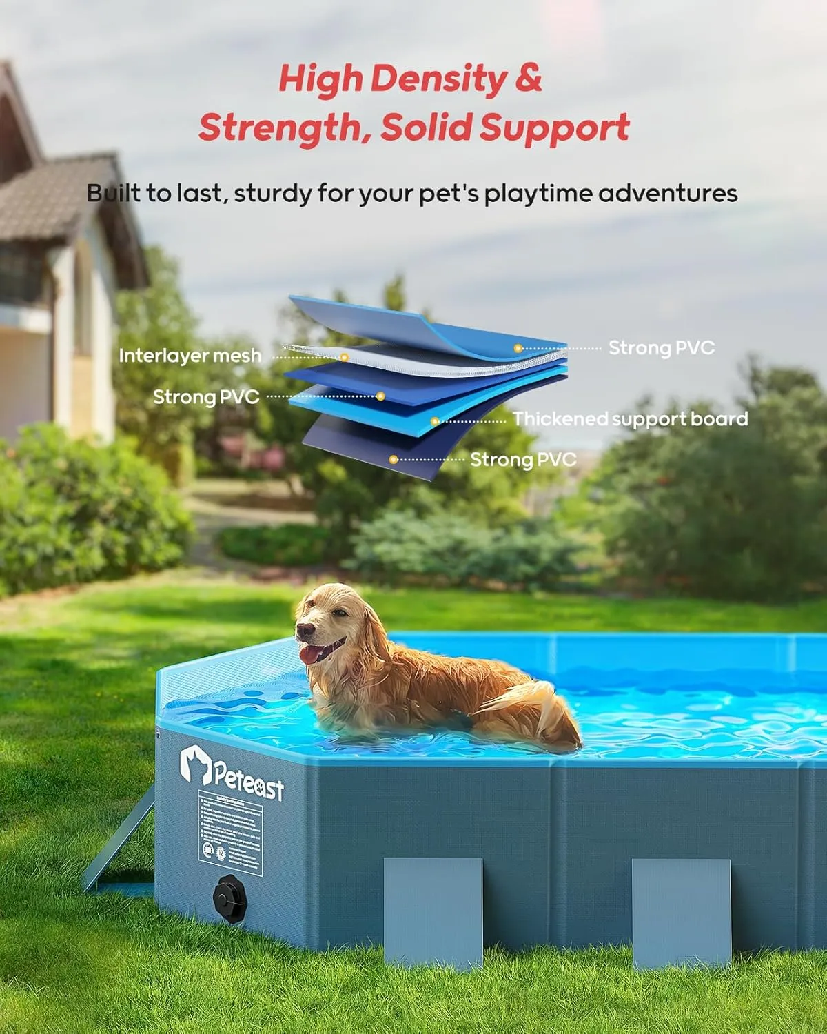 Peteast Foldable Dog Pool with Sturdy Square Design, Durable 71" Lx39 Wx12 D Extra Large Portable Pet Bathtub with Reinforced Sidewalls for Stability, Ideal for Indoor & Outdoor Use (Blue&Dark Gray)