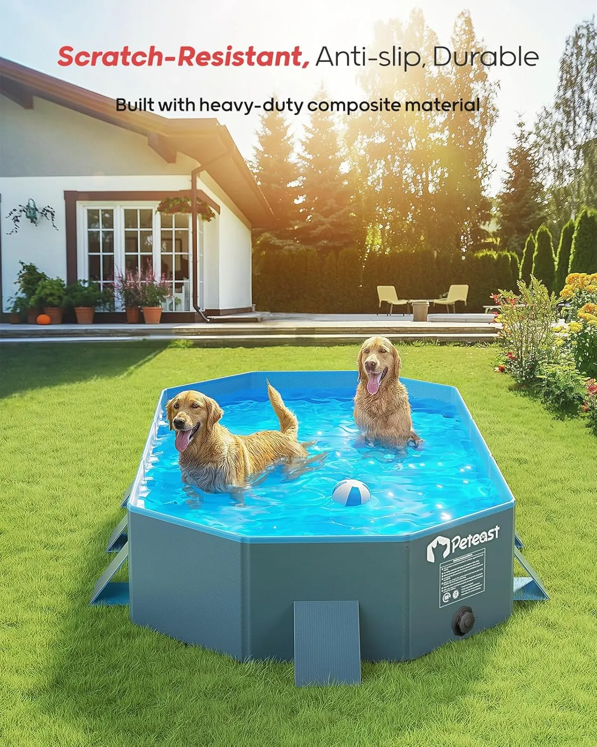 Peteast Foldable Dog Pool with Sturdy Square Design, Durable 71" Lx39 Wx12 D Extra Large Portable Pet Bathtub with Reinforced Sidewalls for Stability, Ideal for Indoor & Outdoor Use (Blue&Dark Gray)