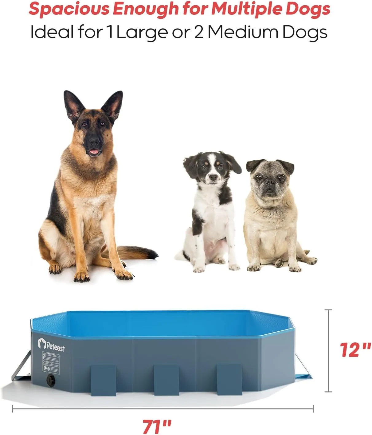 Peteast Foldable Dog Pool with Sturdy Square Design, Durable 71" Lx39 Wx12 D Extra Large Portable Pet Bathtub with Reinforced Sidewalls for Stability, Ideal for Indoor & Outdoor Use (Blue&Dark Gray)