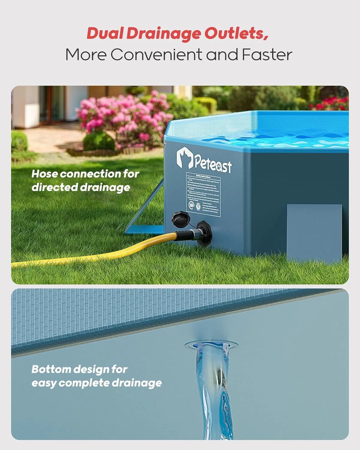 Peteast Foldable Dog Pool with Sturdy Square Design, Durable 71" Lx39 Wx12 D Extra Large Portable Pet Bathtub with Reinforced Sidewalls for Stability, Ideal for Indoor & Outdoor Use (Blue&Dark Gray)