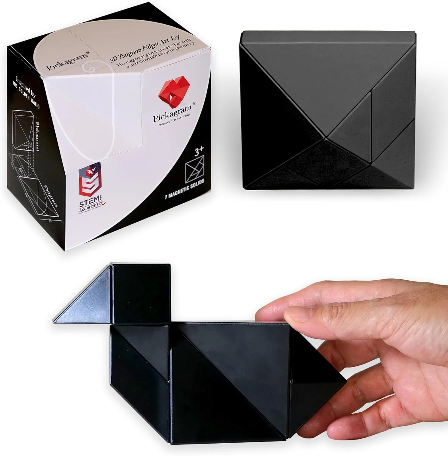 Pickagram Tangrams for Kids Ages 8-12 & Adults 3D Magnetic Tangram Fidget Puzzle: STEM Certified Magnetic Pattern Blocks (Black)
