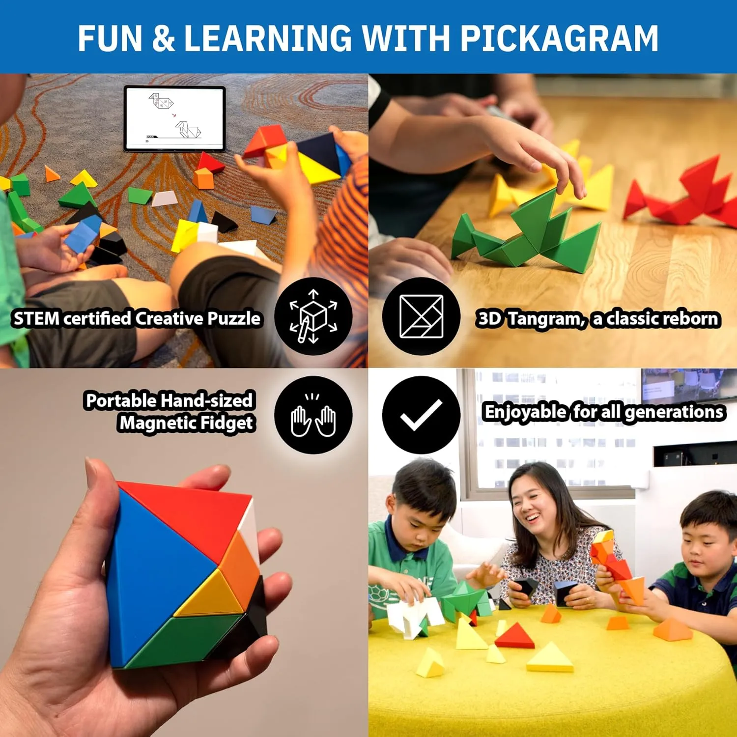 Pickagram Tangrams for Kids Ages 8-12 & Adults 3D Magnetic Tangram Fidget Puzzle: STEM Certified Magnetic Pattern Blocks (Black)