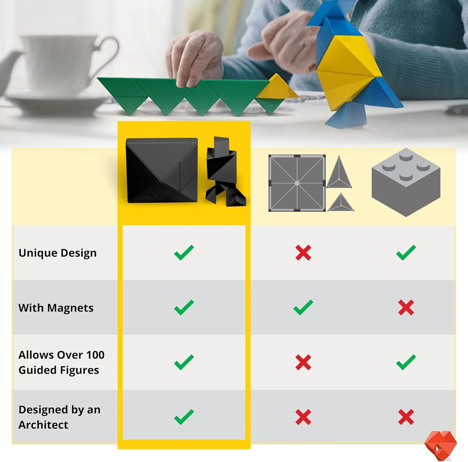 Pickagram Tangrams for Kids Ages 8-12 & Adults 3D Magnetic Tangram Fidget Puzzle: STEM Certified Magnetic Pattern Blocks (Black)