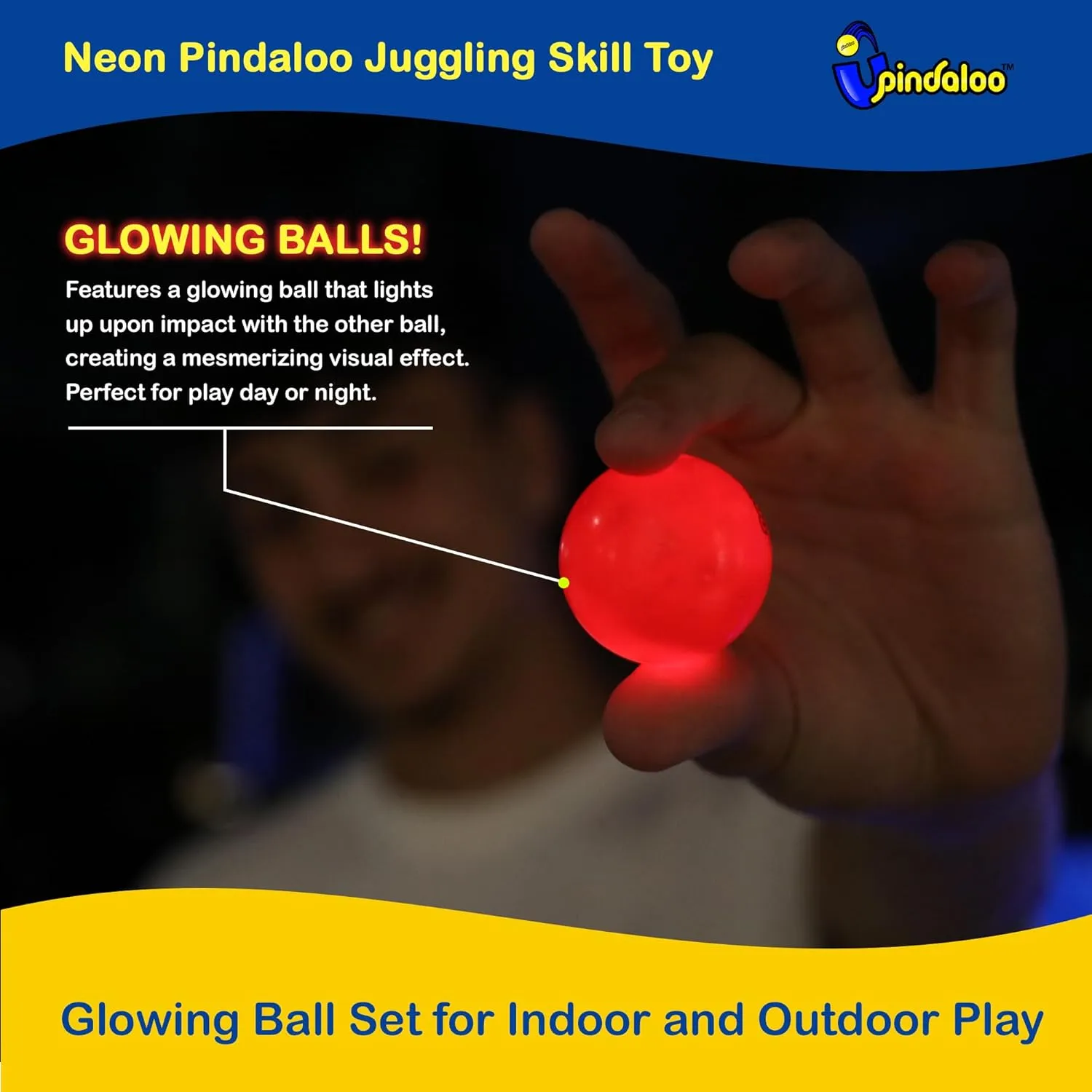pindaloo Original Led Light Neon Skill Game with 2 Balls- Gifts for Kids and Adults Indoor & Outdoor Games, Girls, & Teens - Gift Ideas, Fun Stuff, Develops Motor & Juggling Skills (Neon)