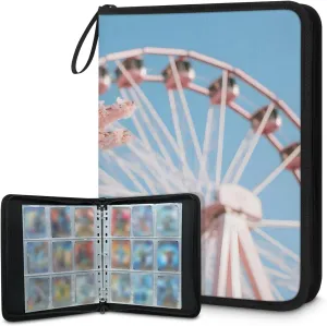 Pink Ferris Wheel 3 Ring Trading Zipper Binder Strap, Trading Card Binder 9 Pocket, 900 Pockets Card Holder with 50 Removable Sleeves for Game Cards