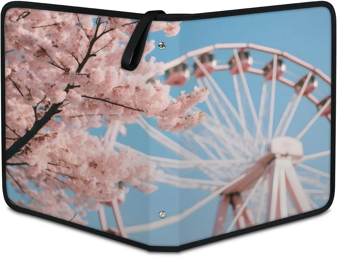 Pink Ferris Wheel 3 Ring Trading Zipper Binder Strap, Trading Card Binder 9 Pocket, 900 Pockets Card Holder with 50 Removable Sleeves for Game Cards