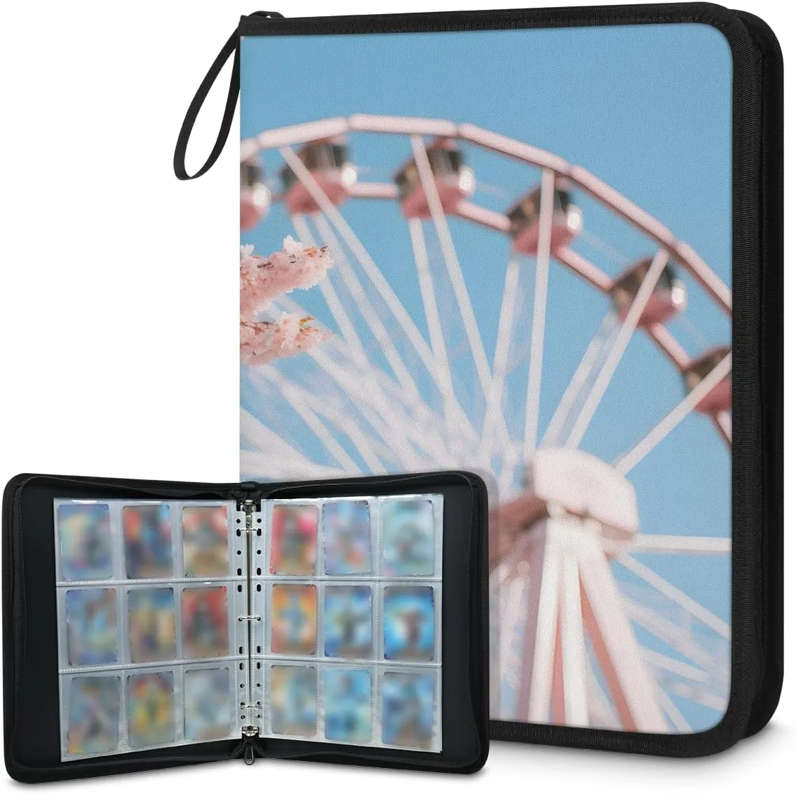 Pink Ferris Wheel 3 Ring Trading Zipper Binder Strap, Trading Card Binder 9 Pocket, 900 Pockets Card Holder with 50 Removable Sleeves for Game Cards