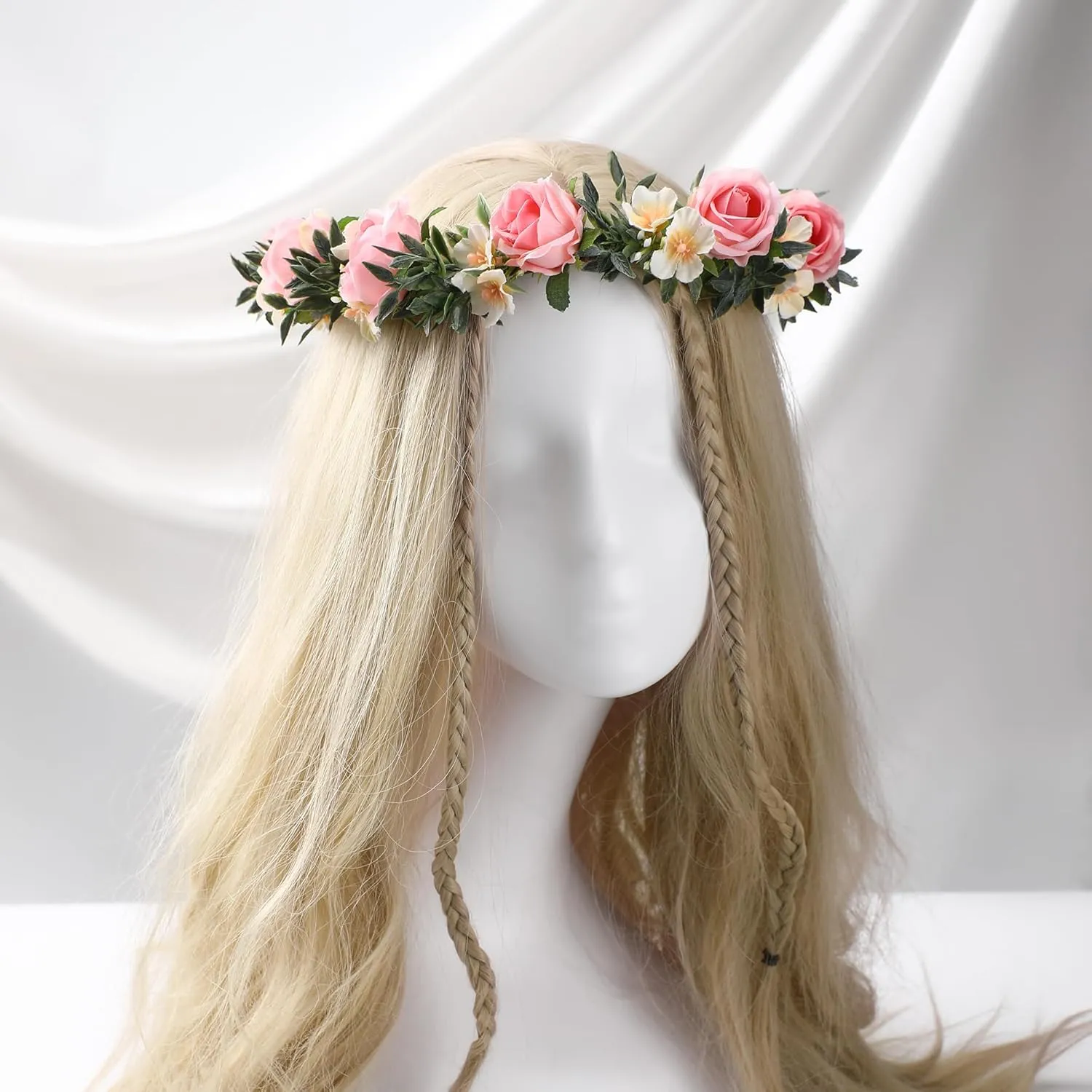 Pink Flower Crown Headband - Rose Floral Headpiece Adjustable Fairy Flower Crown for Women Girls Renaissance Birthday Wedding Party Photo Props