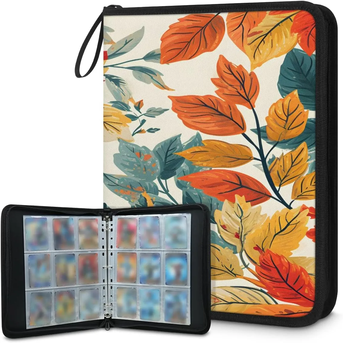 Plants Leafy Fall 3 Ring Trading Zipper Binder Strap, Trading Card Binder 9 Pocket, 900 Pockets Card Holder with 50 Removable Sleeves for Game Cards