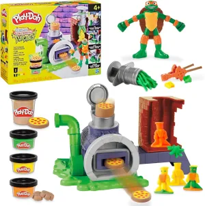 PLAY-DOH Teenage Mutant Ninja Turtles Slice & Blast Pizza Playset, Bendy 4 Inch Mikey Action Figure, Kids Arts & Crafts, TMNT Toys for Boys & Girls 4 