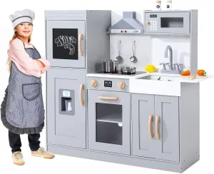 Play Kitchen for Kids, Wooden Play Kitchen with Toy Storage System, Toy Kitchen Set with Plenty of Play Features, Gift for Ages 3 ,Grey