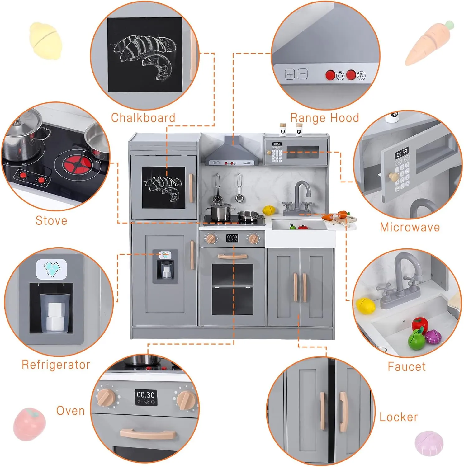 Play Kitchen for Kids, Wooden Play Kitchen with Toy Storage System, Toy Kitchen Set with Plenty of Play Features, Gift for Ages 3 ,Grey