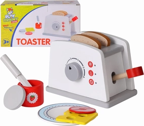 Play Brainy Pop Up Kid’s Toaster Toy with Kitchen Accessories, 8 Pc. Set, Interactive Early Learning Wood Playset with Wooden Bread, Plate, and Utensil, Girls and Boys 3 