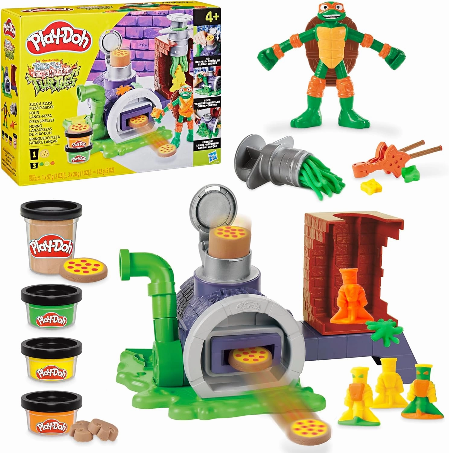 PLAY-DOH Teenage Mutant Ninja Turtles Slice & Blast Pizza Playset, Bendy 4 Inch Mikey Action Figure, Kids Arts & Crafts, TMNT Toys for Boys & Girls 4 