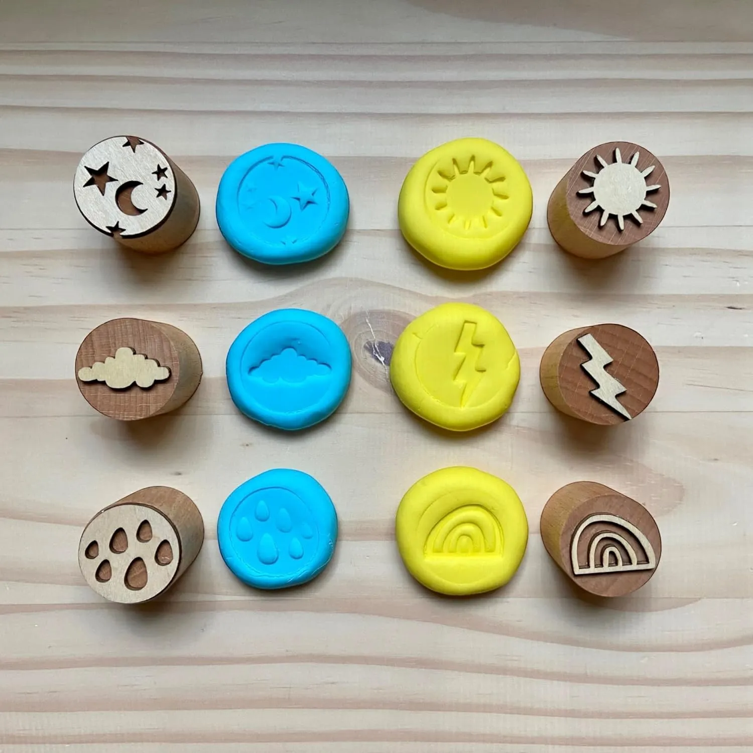 Playdough Tool Set Weather Theme - Wooden Playdough Tools - Playdough Rolling Pin and Stamps