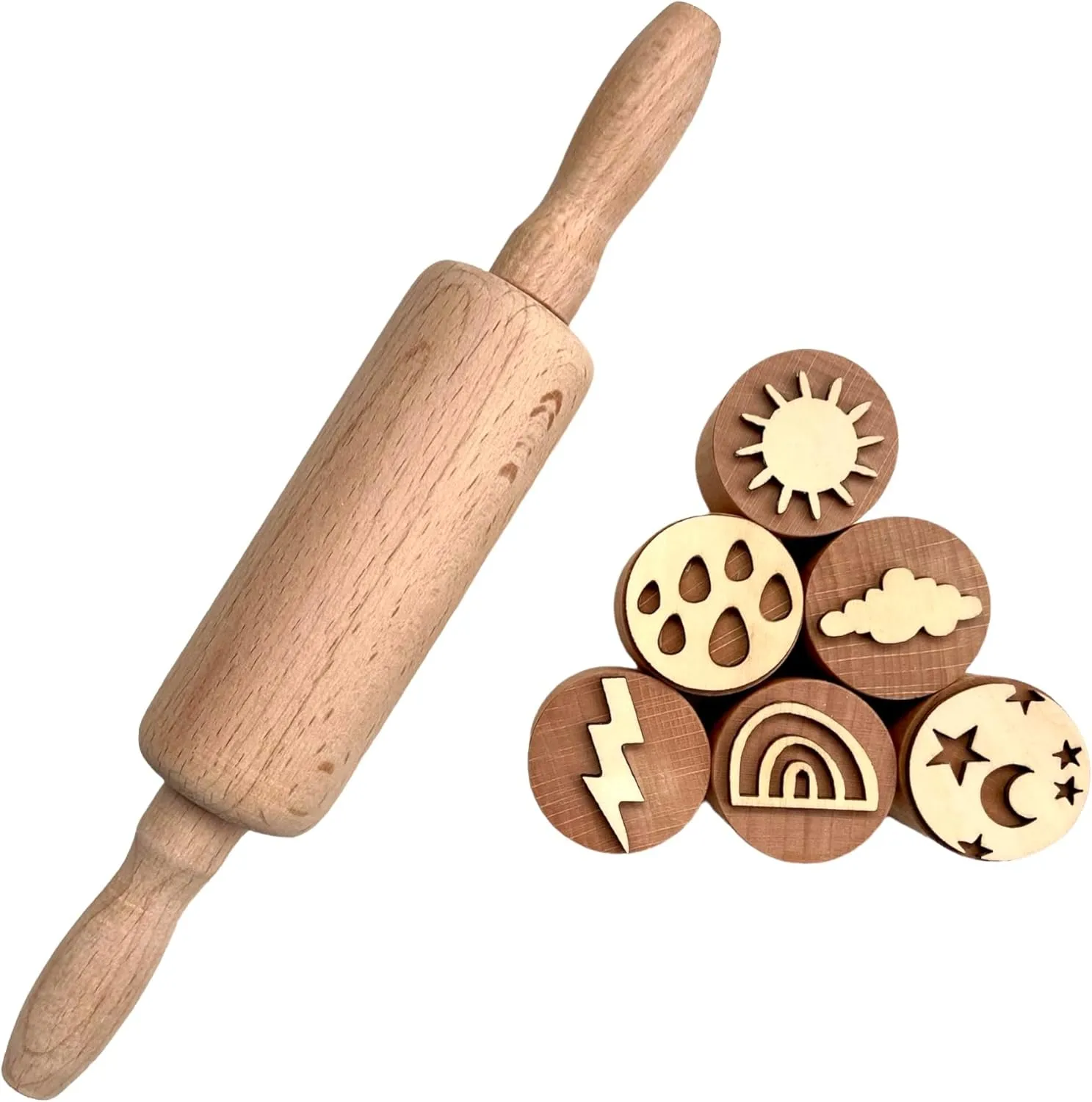 Playdough Tool Set Weather Theme - Wooden Playdough Tools - Playdough Rolling Pin and Stamps