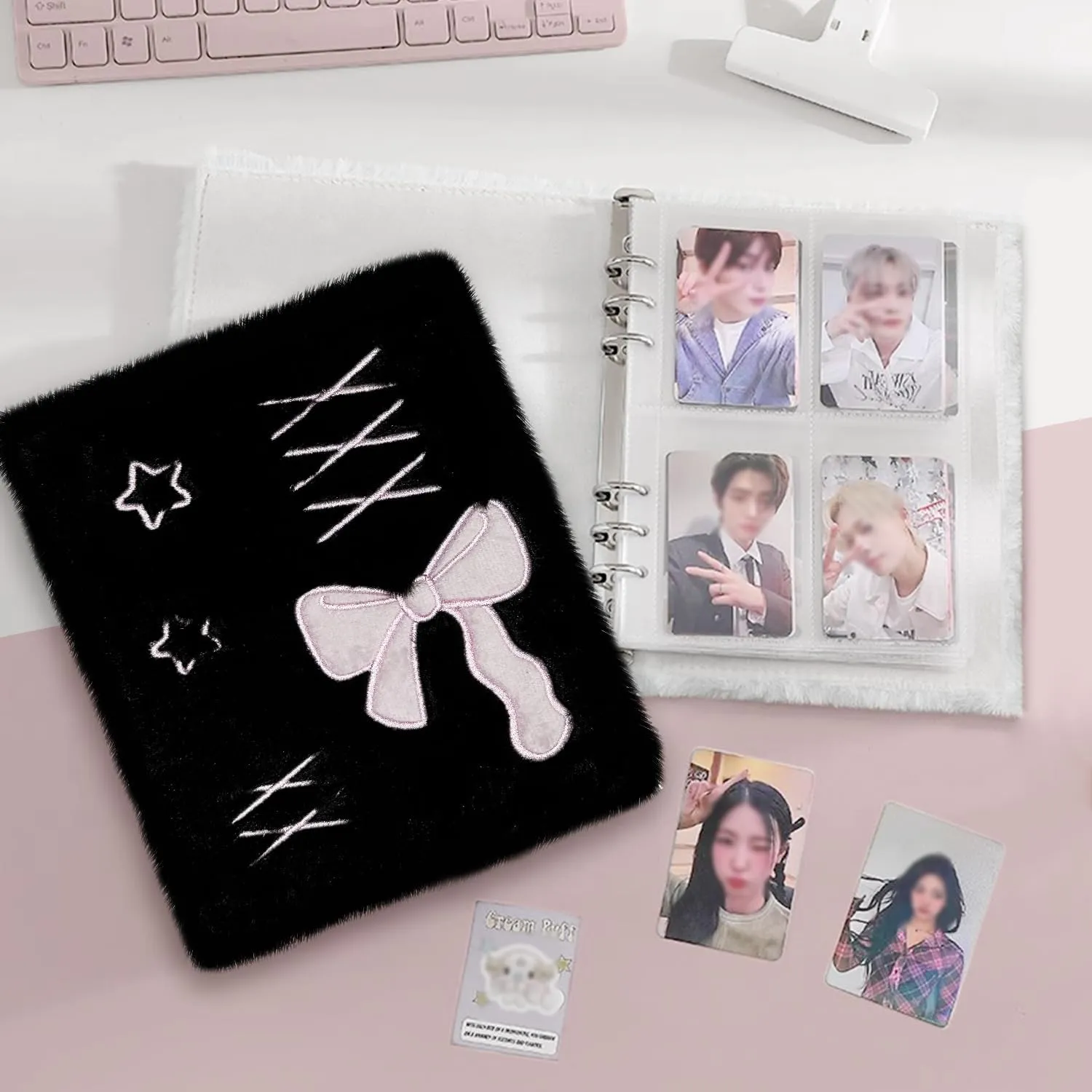 Plush Photocard Binder with 20Pcs Detachable Inner Pages A6 Kpop Photo Album 4-Pocket Double-sided Transparent Pages Kpop Star Card Holder for 3-inch Photo Blue