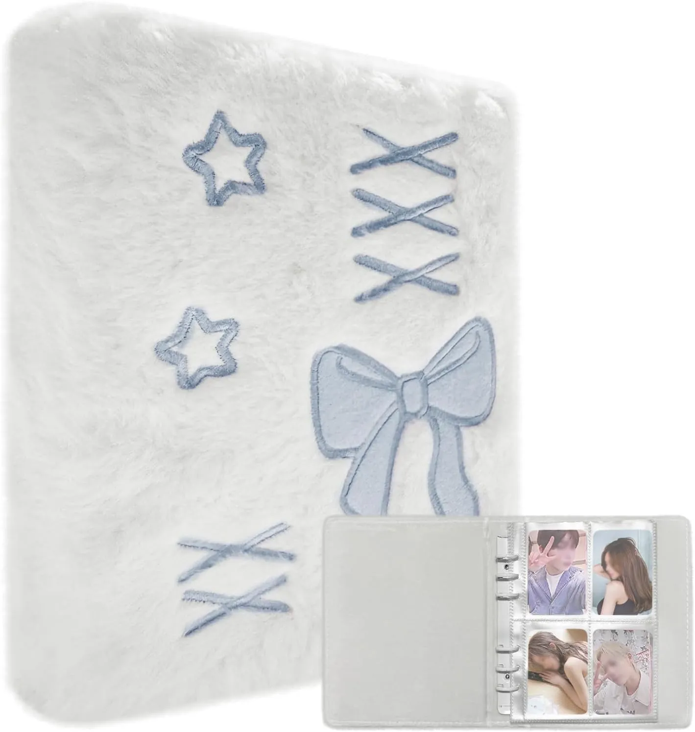 Plush Photocard Binder with 20Pcs Detachable Inner Pages A6 Kpop Photo Album 4-Pocket Double-sided Transparent Pages Kpop Star Card Holder for 3-inch Photo Blue