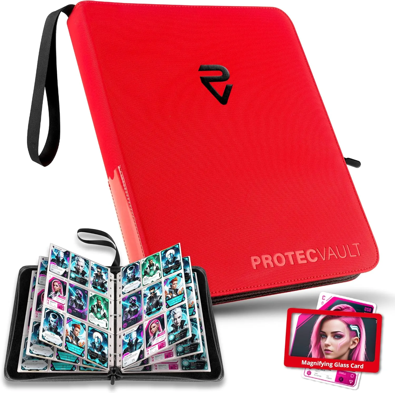 Pokemon Card Binder - Premium Fiery Red PU Leather, 900 Cards, Flexible 9-Pocket Pages, Zippered Closure, Portable Handle