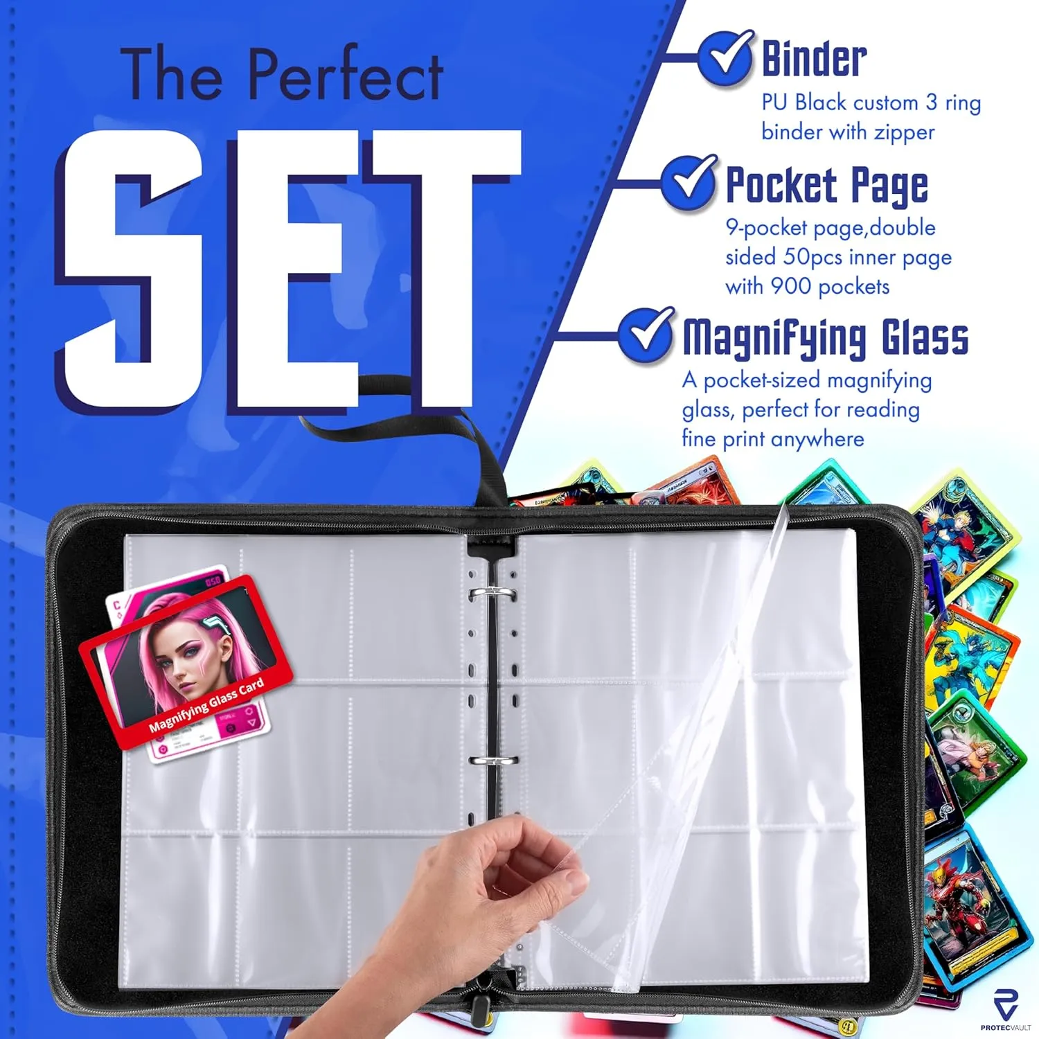 Pokemon Card Binder - Premium Fiery Red PU Leather, 900 Cards, Flexible 9-Pocket Pages, Zippered Closure, Portable Handle