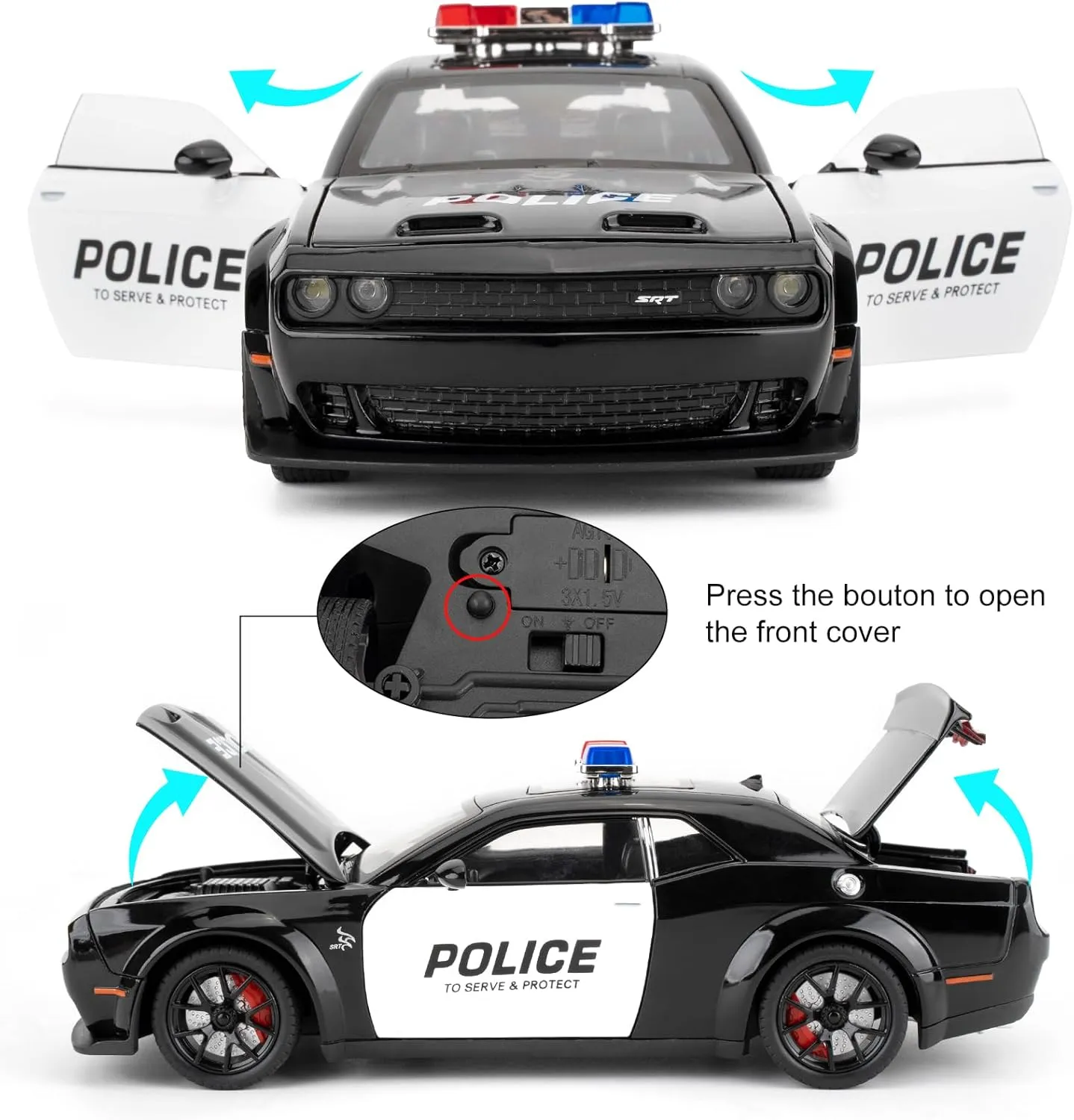 Police Car Model for Collectible 1:24 Dodge Challenger SRT Hellcat Toy, Diecast Vehicle Toy with Lights and Sounds,Pull Back Decoration Model Car Toy for Adults Kids Birthday Gifts