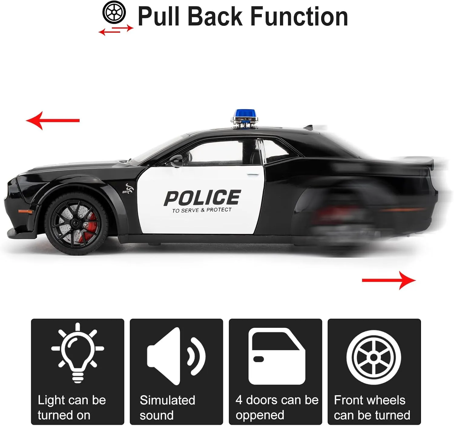 Police Car Model for Collectible 1:24 Dodge Challenger SRT Hellcat Toy, Diecast Vehicle Toy with Lights and Sounds,Pull Back Decoration Model Car Toy for Adults Kids Birthday Gifts