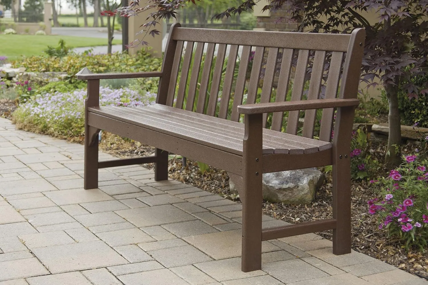Polywood 60" Mahogany Vineyard Bench and 18" Mahogany Long Island Side Table Bundle