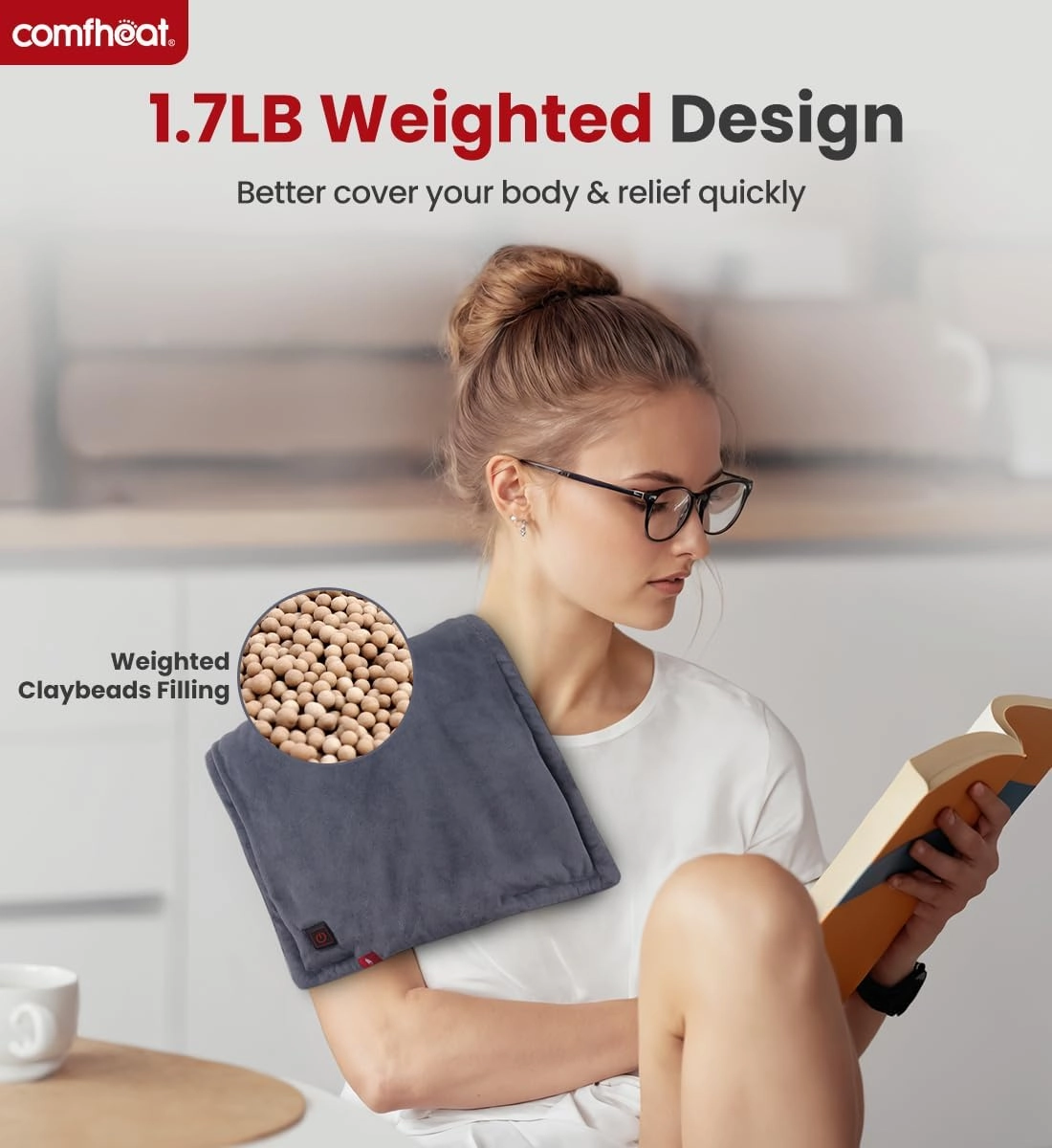 Portable Heating Pad with Battery, 1.7LB Weighted Heat Pad Rechargeable for Travel, 3 Heat Settings, Pain Relief for Abdomen, Back, Shoulder, 12" x 16", Grey