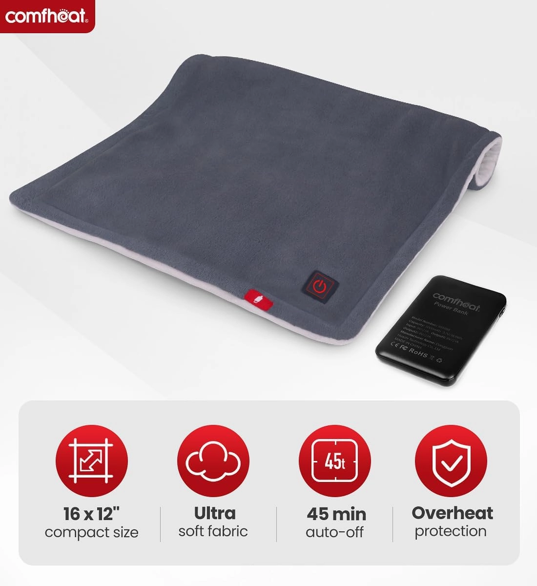 Portable Heating Pad with Battery, 1.7LB Weighted Heat Pad Rechargeable for Travel, 3 Heat Settings, Pain Relief for Abdomen, Back, Shoulder, 12" x 16", Grey
