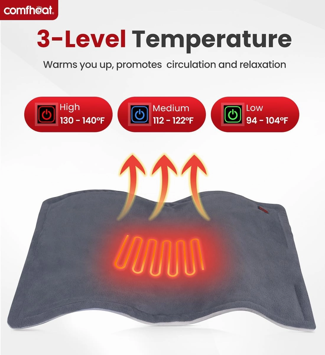 Portable Heating Pad with Battery, 1.7LB Weighted Heat Pad Rechargeable for Travel, 3 Heat Settings, Pain Relief for Abdomen, Back, Shoulder, 12" x 16", Grey