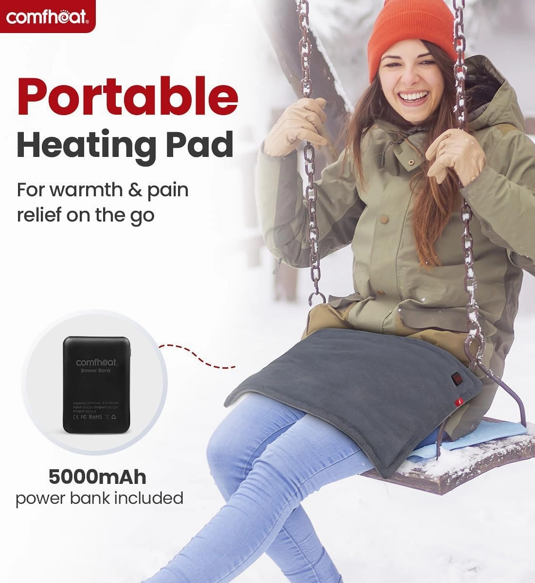 Portable Heating Pad with Battery, 1.7LB Weighted Heat Pad Rechargeable for Travel, 3 Heat Settings, Pain Relief for Abdomen, Back, Shoulder, 12" x 16", Grey