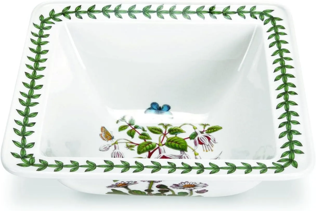 Portmeirion Botanic Garden 8.5-Inch Square Salad Bowl - Fine Porcelain with Fuchsia Motif, Chip-Resistant Glaze, Durable & Dishwasher Safe, Ideal Ceramic Serving Platter for Everyday Use