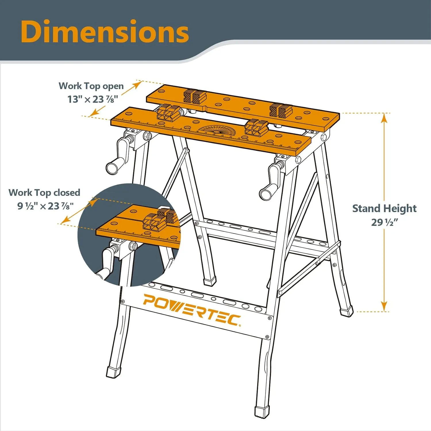 POWERTEC Portable Small Workbench with Vise, Imprinted Ruler and Protractor Scale, Folding Sawhorse/Worktable and 4 Bench Dogs for Woodworking Projects (MT4006)