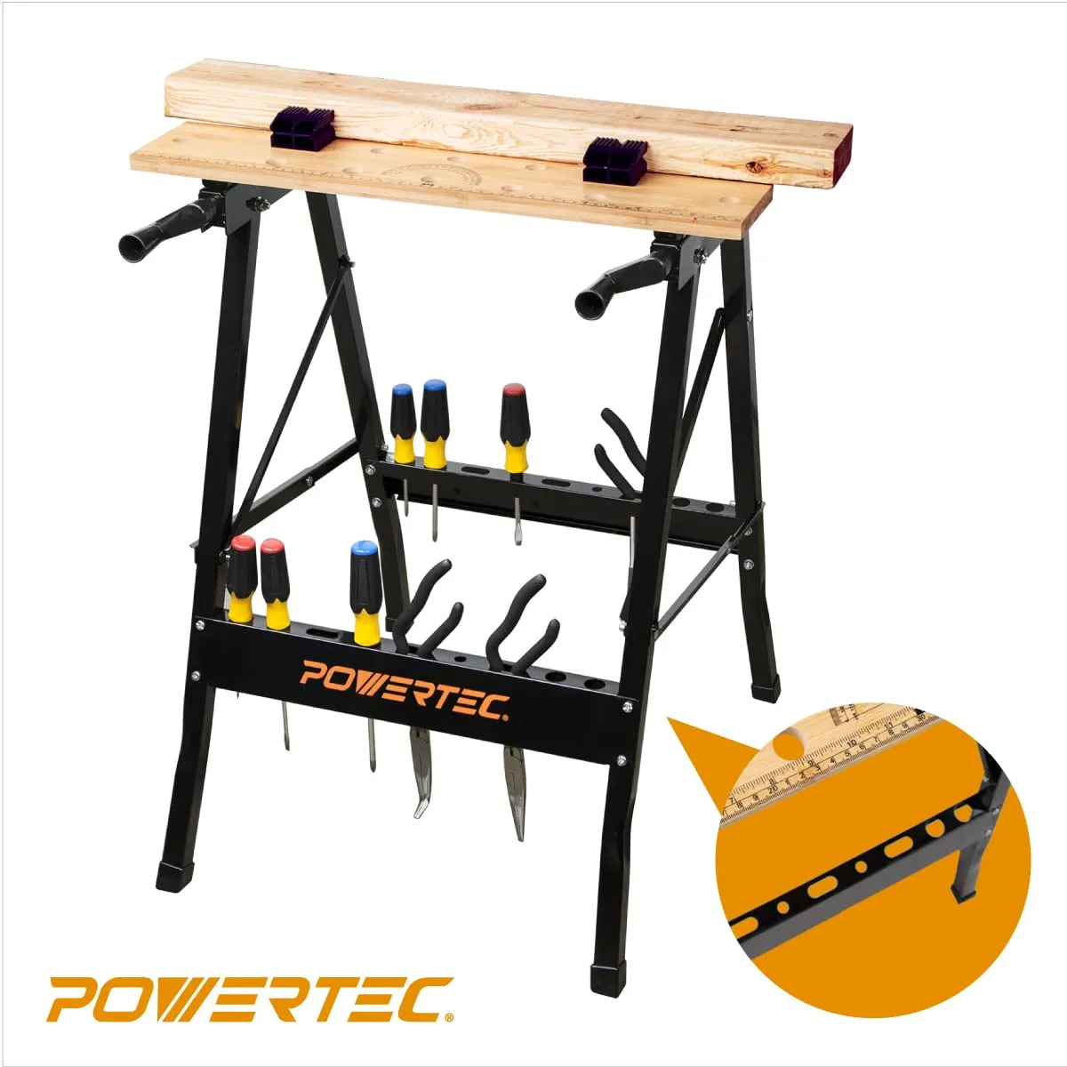 POWERTEC Portable Small Workbench with Vise, Imprinted Ruler and Protractor Scale, Folding Sawhorse/Worktable and 4 Bench Dogs for Woodworking Projects (MT4006)