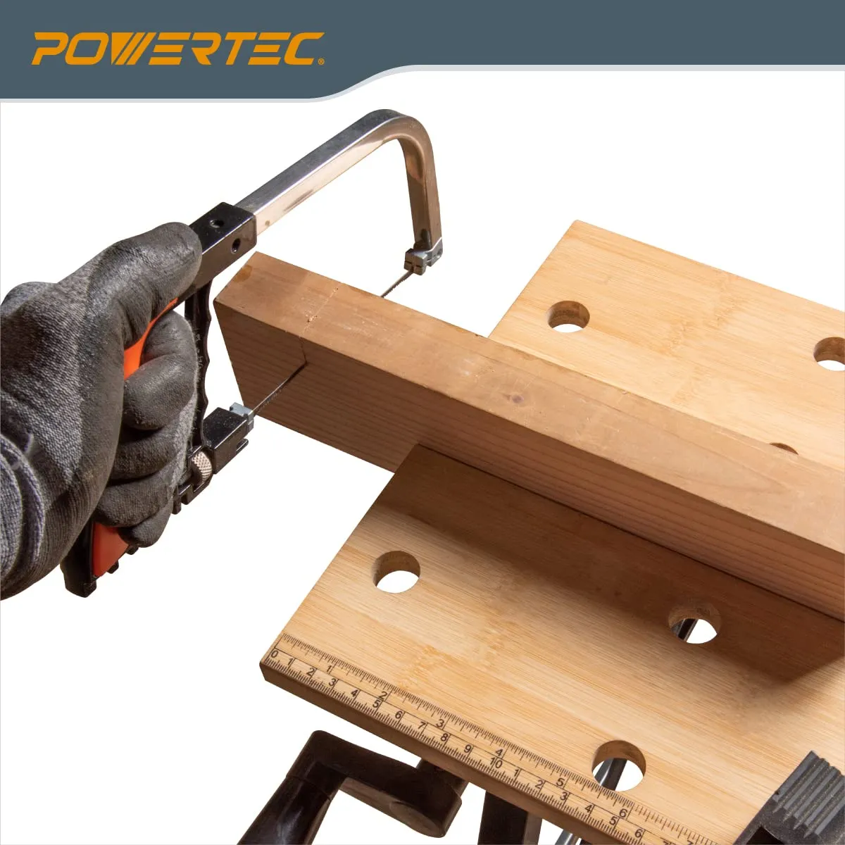 POWERTEC Portable Small Workbench with Vise, Imprinted Ruler and Protractor Scale, Folding Sawhorse/Worktable and 4 Bench Dogs for Woodworking Projects (MT4006)