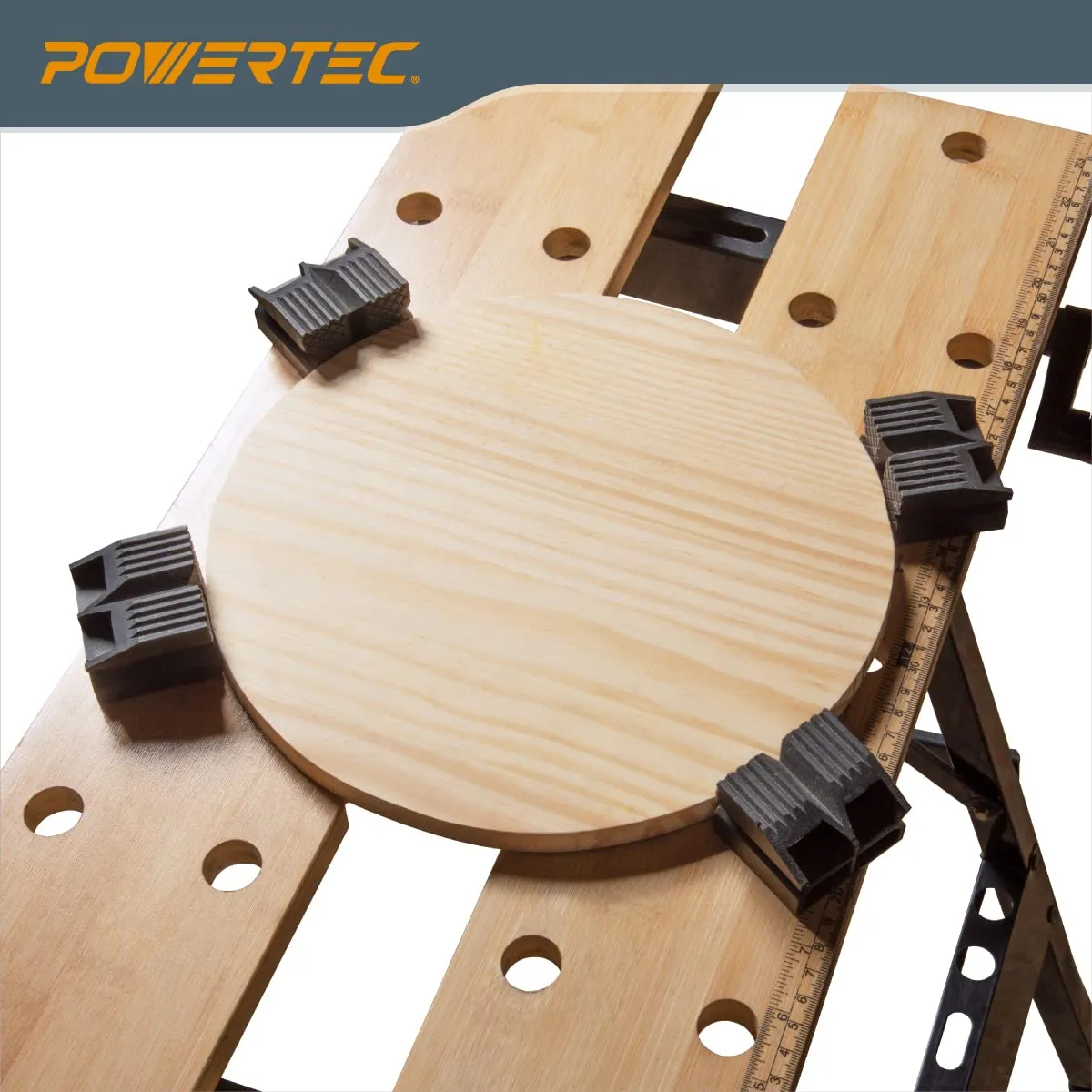 POWERTEC Portable Small Workbench with Vise, Imprinted Ruler and Protractor Scale, Folding Sawhorse/Worktable and 4 Bench Dogs for Woodworking Projects (MT4006)