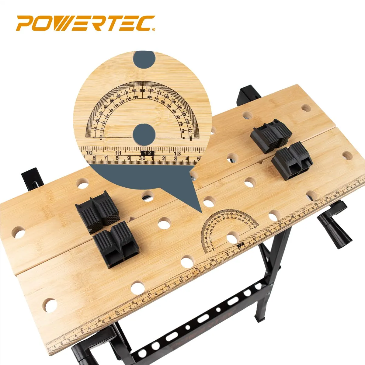 POWERTEC Portable Small Workbench with Vise, Imprinted Ruler and Protractor Scale, Folding Sawhorse/Worktable and 4 Bench Dogs for Woodworking Projects (MT4006)