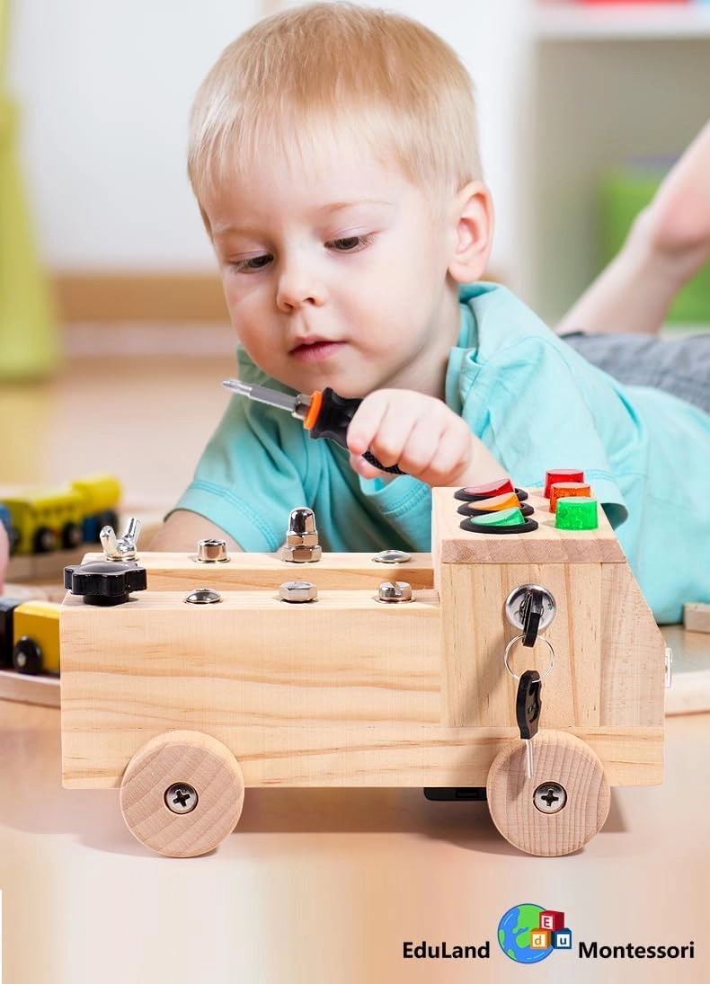 Practical Life/Culture-Science Twisting On/Off Screws Bolts Screw Driver Nuts Bolt LED Light DIY Busy Board Truck Bus Switch Tools STEM Toy for Children 3 4 5 6 7 8 Years Old Gift