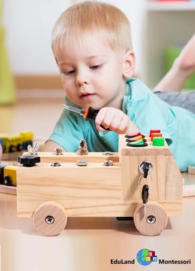 Practical Life/Culture-Science Twisting On/Off Screws Bolts Screw Driver Nuts Bolt LED Light DIY Busy Board Truck Bus Switch Tools STEM Toy for Children 3 4 5 6 7 8 Years Old Gift