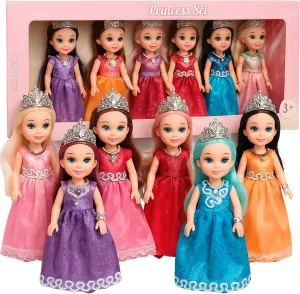 Princess Dolls Playset – 6 Mini Princess Dolls with Colorful Gowns, Crowns & Jewelry – Fantasy Role Play Set for Kids with Elegant Dresses, Accessories & Royal-Themed Box – Gift for Ages 3 