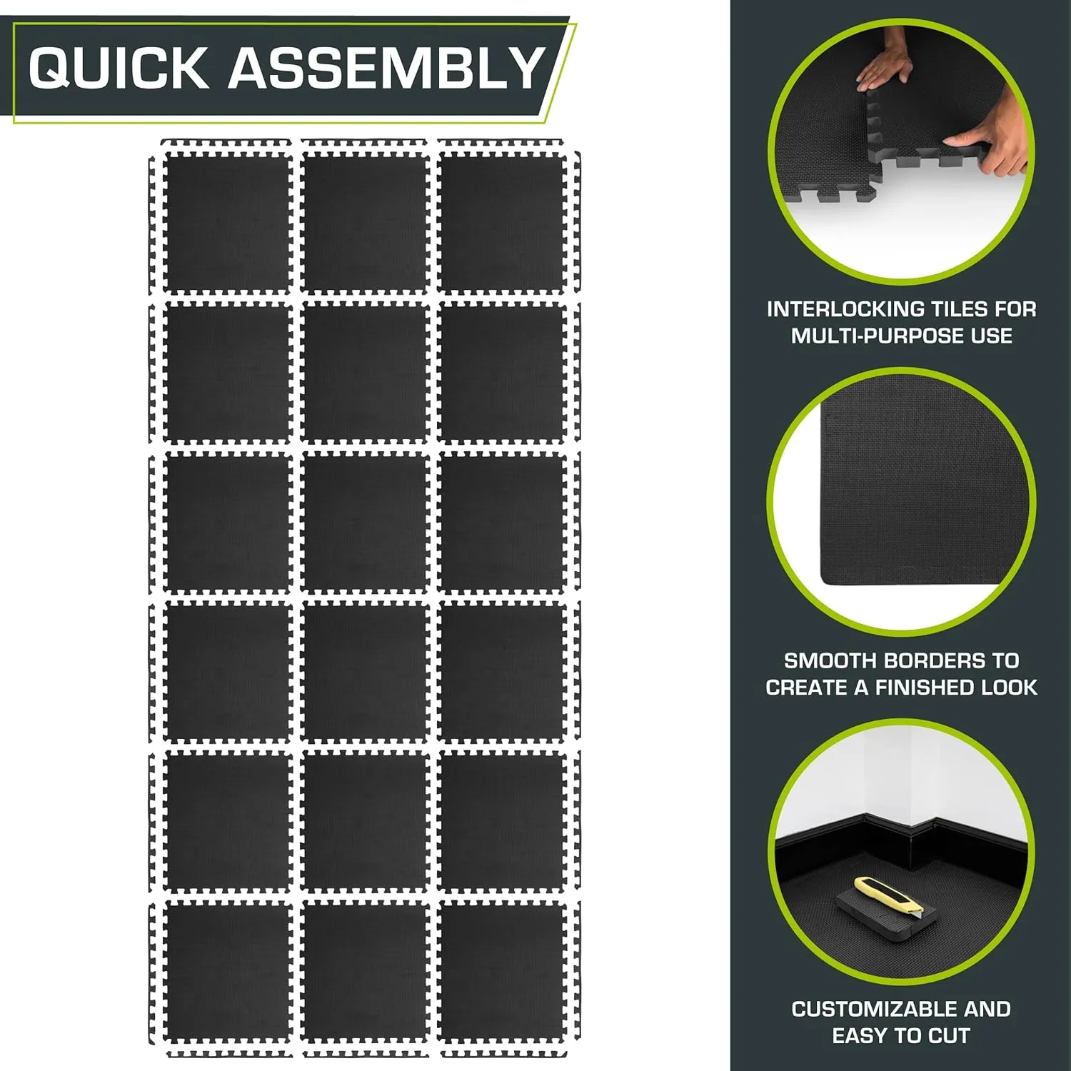 ProsourceFit Extra Thick Puzzle Exercise Mat, EVA Foam Interlocking Tiles for Protective, Cushioned Workout Flooring for Home and Gym Equipment, Black - 3/4 inch - 24 Sq Ft - 6 Tiles