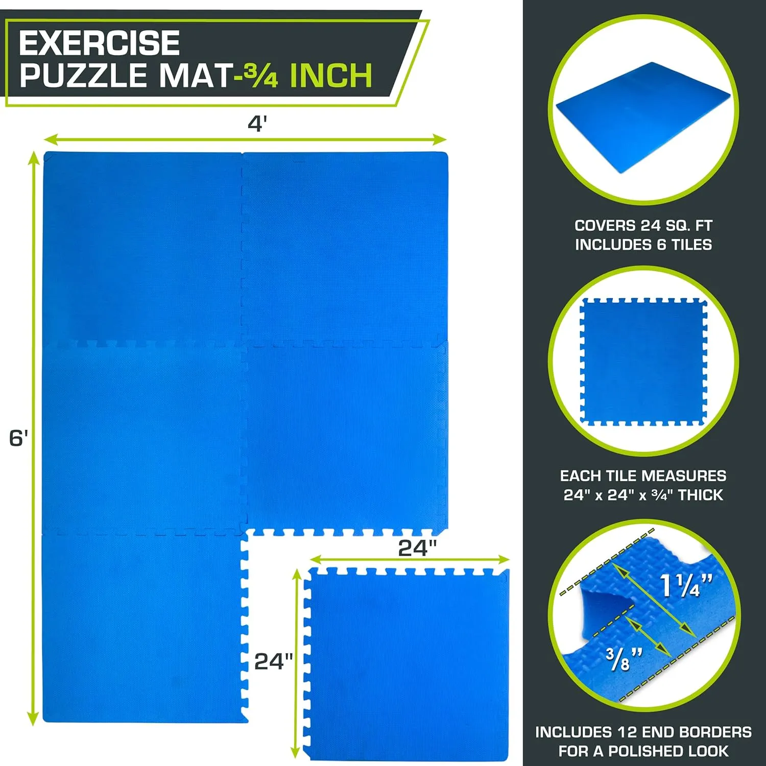 ProsourceFit Extra Thick Puzzle Exercise Mat, EVA Foam Interlocking Tiles for Protective, Cushioned Workout Flooring for Home and Gym Equipment, Black - 3/4 inch - 24 Sq Ft - 6 Tiles
