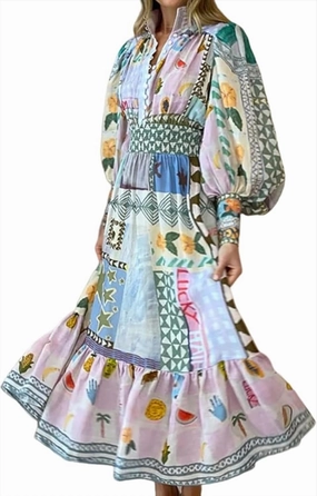 Puff Sleeve Maxi Dress - Women's Summer Graffiti Y2k Vintage Boho Tropical Floral Colorful Dress