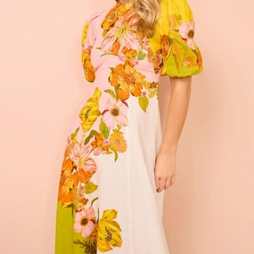 Puff Sleeve Maxi Dress - Women's Summer Graffiti Y2k Vintage Boho Tropical Floral Colorful Dress