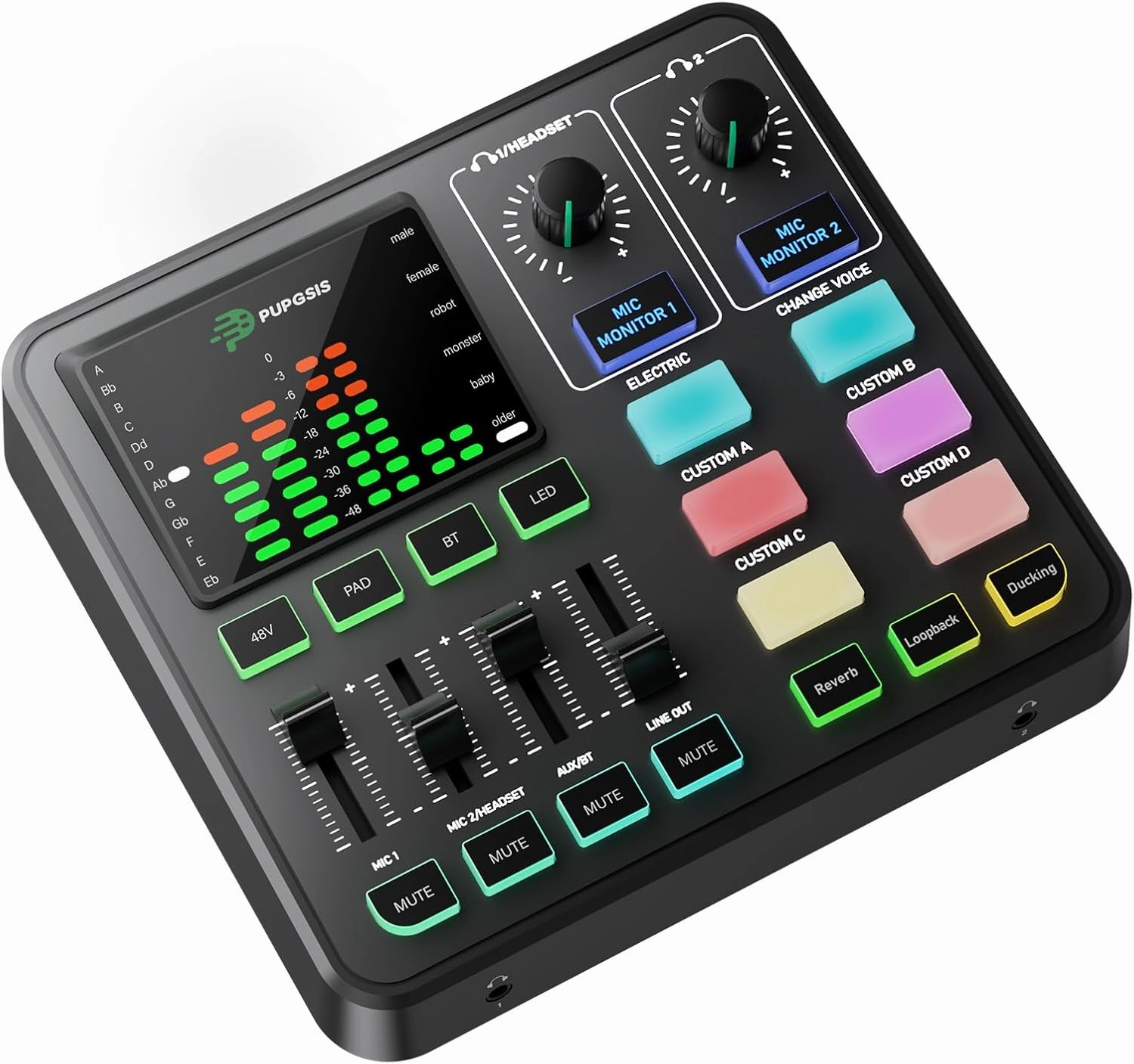 PUPGSIS Gaming Audio Mixer, Audio Interface for Podcast/Streaming, Sound Board with 3.5mm/XLR Mic Input, 48V Phantom Power, Voice Changer, Live Sound Card with DJ Mixer Effects/Bluetooth/4 Channel