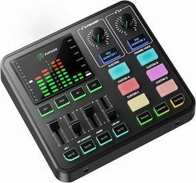 PUPGSIS Gaming Audio Mixer, Audio Interface for Podcast/Streaming, Sound Board with 3.5mm/XLR Mic Input, 48V Phantom Power, Voice Changer, Live Sound Card with DJ Mixer Effects/Bluetooth/4 Channel