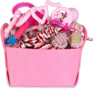 Puppy Toys Set - 20 Pack Pink Dog Chew Toys for Teething Small Breeds - Tough Rope Toys for Puppies, Cute Soft Rubber Toys Bundle with Basket for Girl Pets