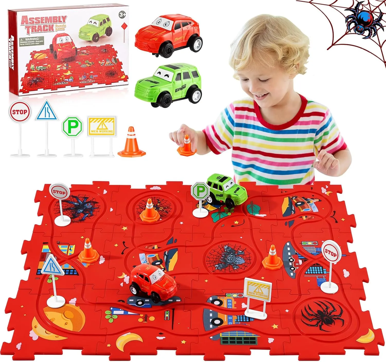 Puzzle Racer Kids Car Track Set,Toddler Toys Gifts for 3-5 Year Old Boys,Spider Puzzle Tracks Car Toys for Boys Ages 3 4 5 6,Montessori Educational Learning Toy for Kids Birthday