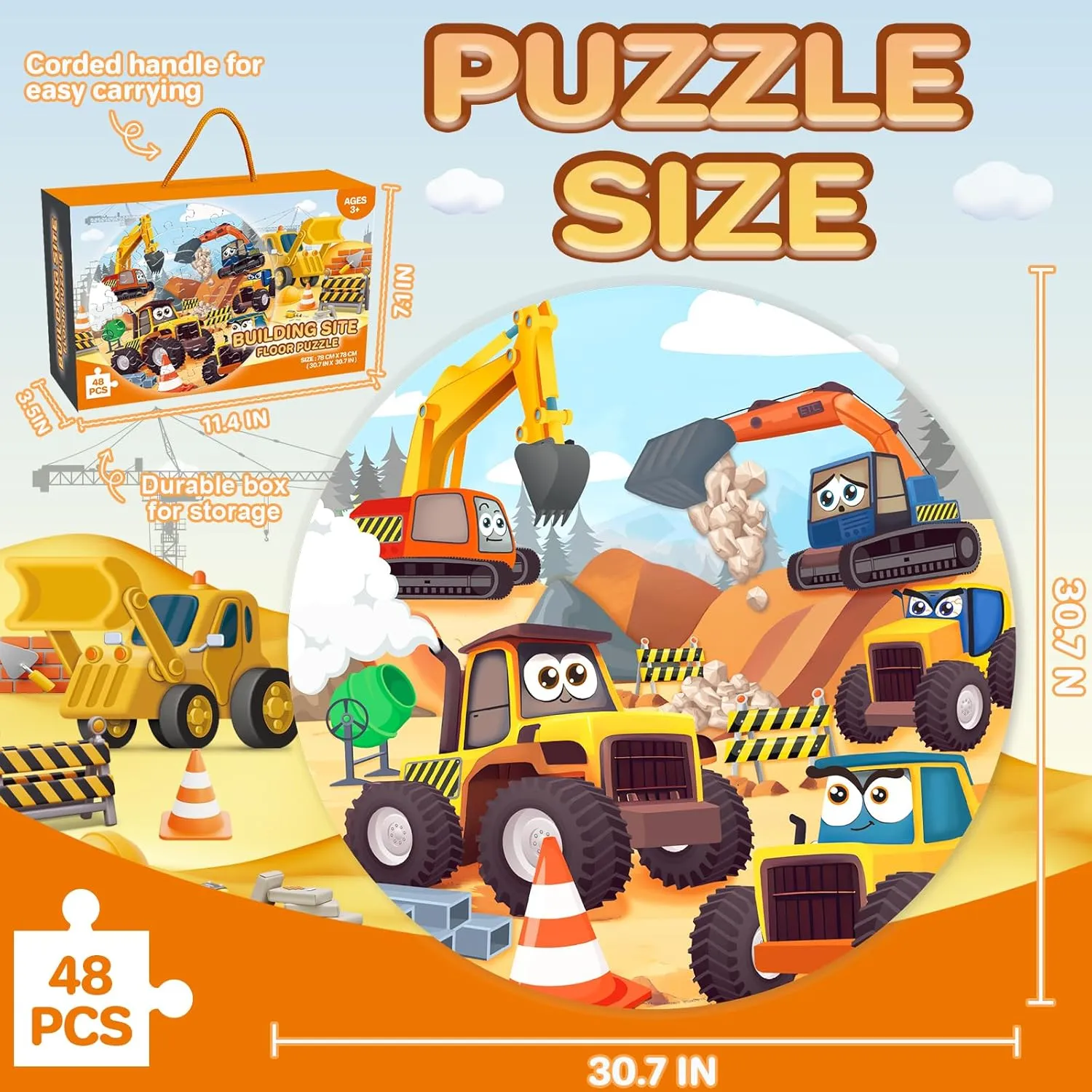 Puzzles for Kids Ages 4-6, Construction Site Jigsaw Puzzles,48 Piece Jumbo Floor Puzzles for Kids Ages 3 4 5 6 7 8, Building Site Educational Toy Gift for Boys Girls Birthday Christmas