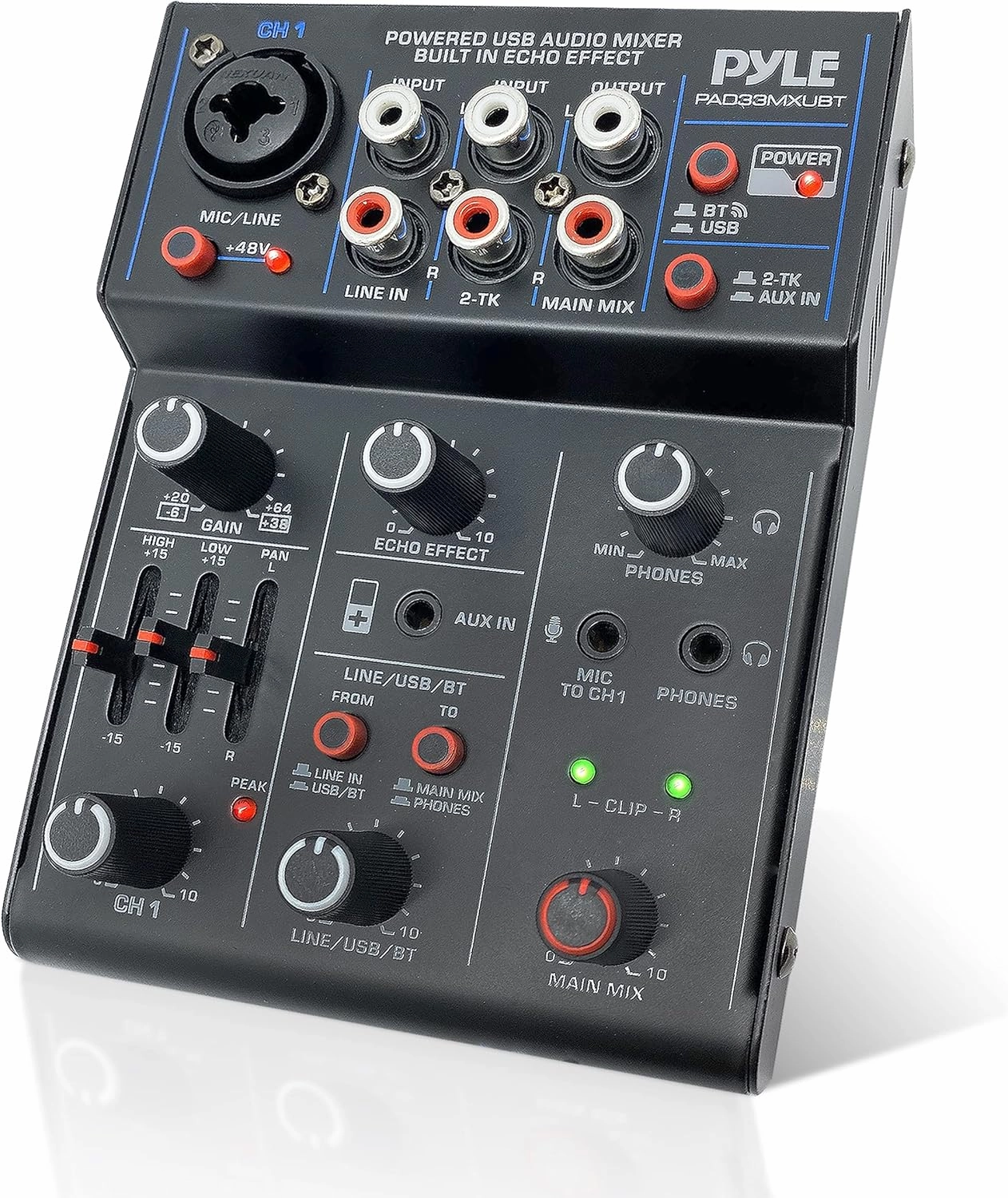Pyle Professional Wireless DJ Audio Mixer- 3-Channel Bluetooth DJ Controller Sound Mixer w/USB Audio Interface, Combo Jack XLR 6.35mm Mic/Line/Guitar In, 3.5mm, RCA, AUX, Headphone Jack- PAD33MXUBT.5
